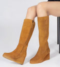 Saint G Camel Suede Leather Knee High Wedge Heel Boots