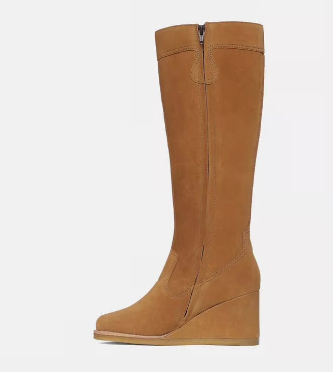 Saint G Camel Suede Leather Knee High Wedge Heel Boots