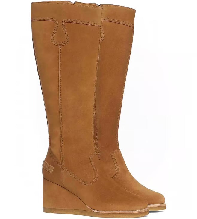 Saint G Camel Suede Leather Knee High Wedge Heel Boots